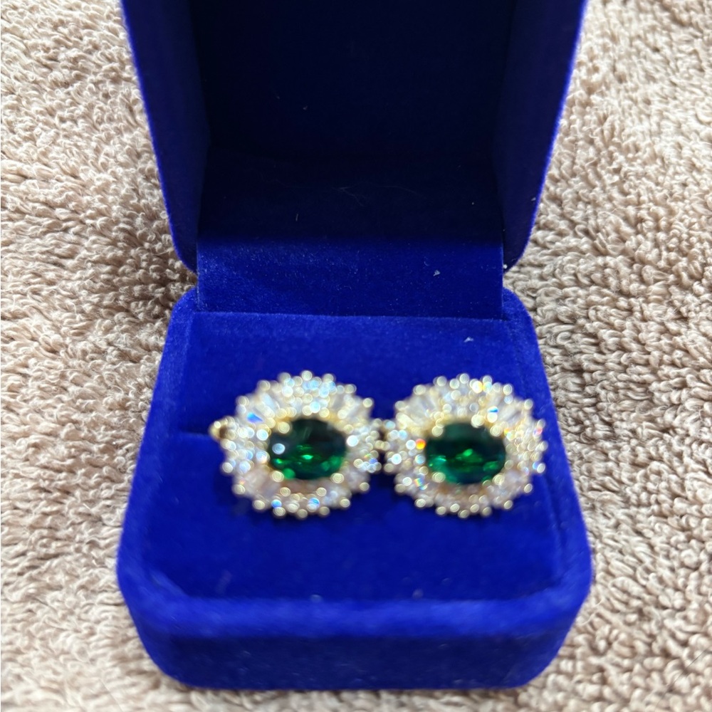 Lab Emerald Green and AAA cz’s huggie earrings set in plated 14kt gold